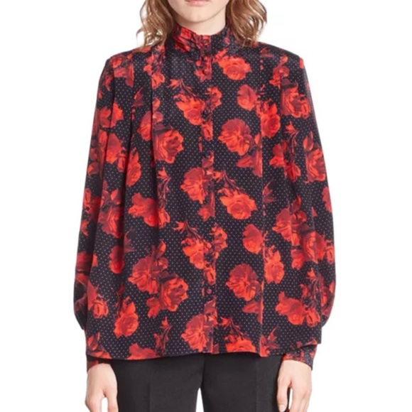 The Kooples Red Floral Blouse rose and dots